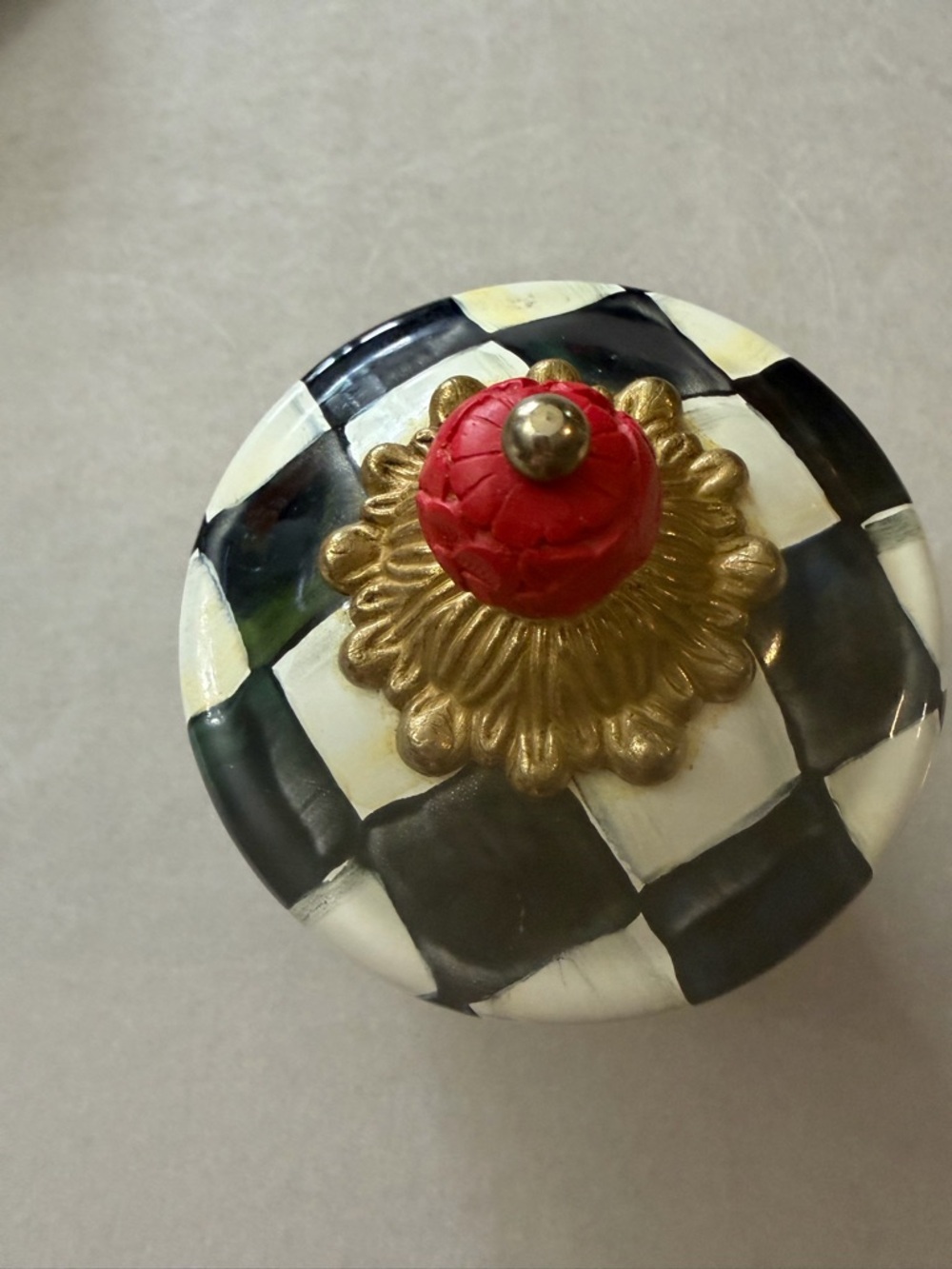 MacKenzie-Childs Black and White Checkered Ceramic Jar with Red Knob - Picture 2 of 11